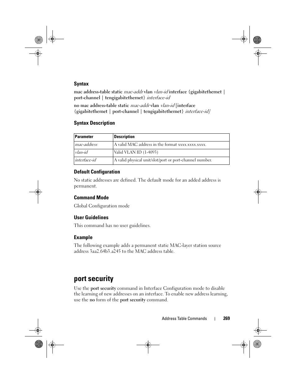 Syntax, Syntax description, Default configuration | Command mode, User guidelines, Example, Port security | Dell POWEREDGE M1000E User Manual | Page 269 / 1682