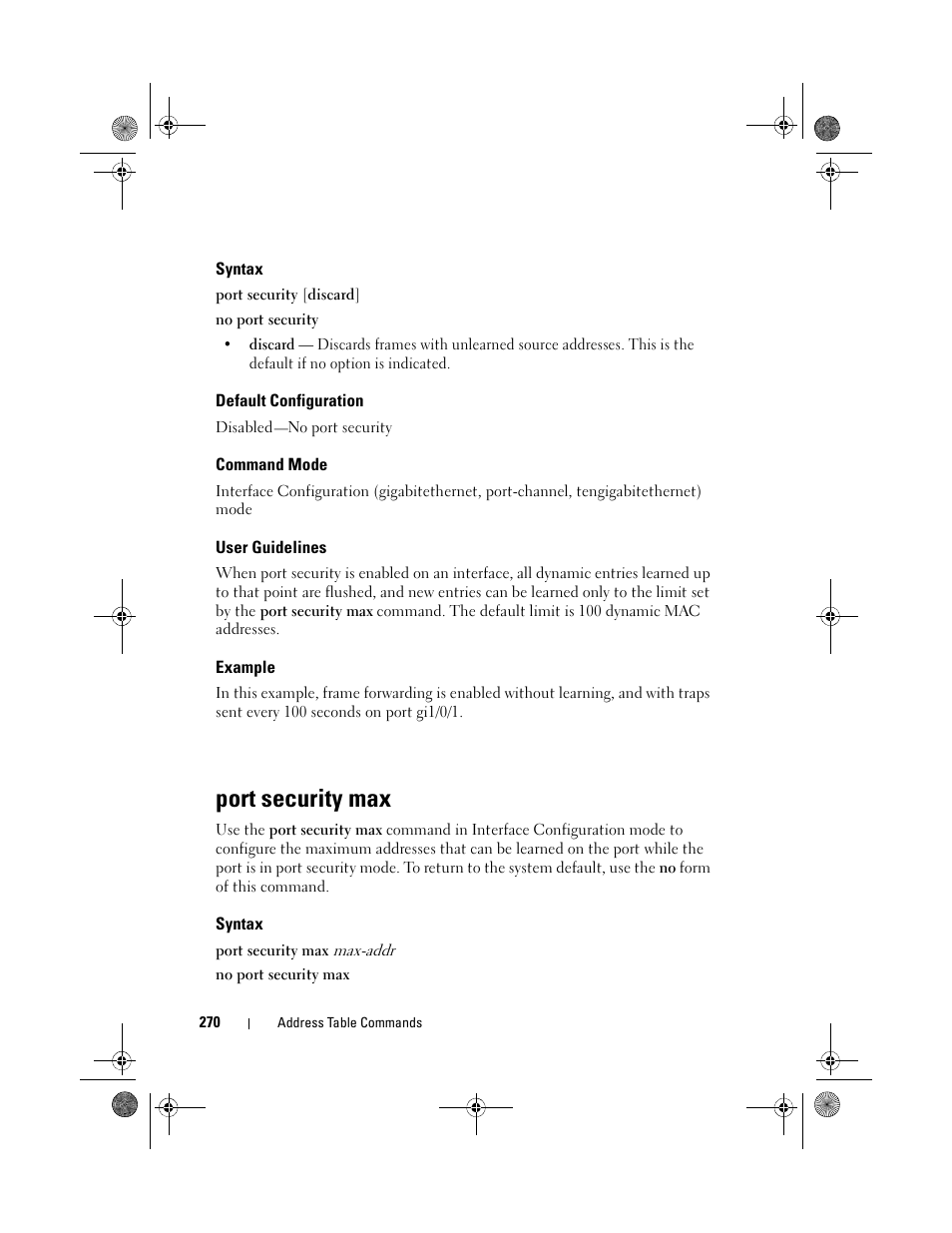 Syntax, Default configuration, Command mode | User guidelines, Example, Port security max | Dell POWEREDGE M1000E User Manual | Page 270 / 1682