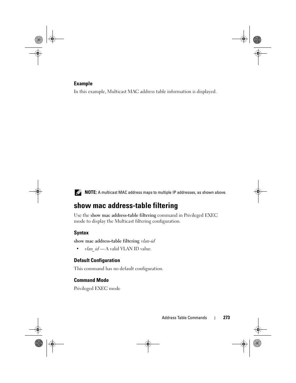 Example, Show mac address-table filtering, Syntax | Default configuration, Command mode, Show mac address-table, Filtering | Dell POWEREDGE M1000E User Manual | Page 273 / 1682