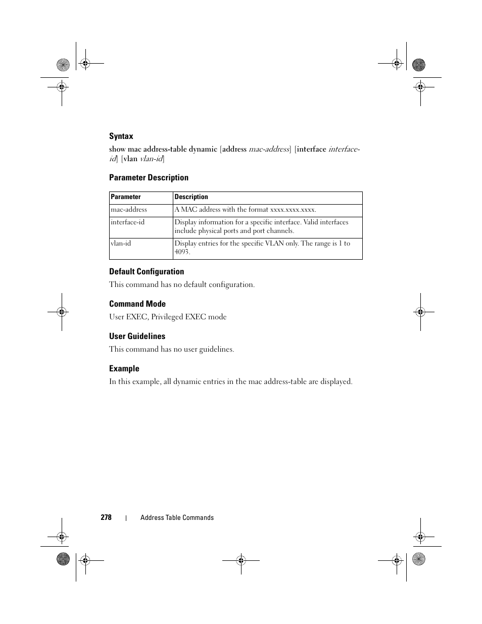 Syntax, Parameter description, Default configuration | Command mode, User guidelines, Example | Dell POWEREDGE M1000E User Manual | Page 278 / 1682