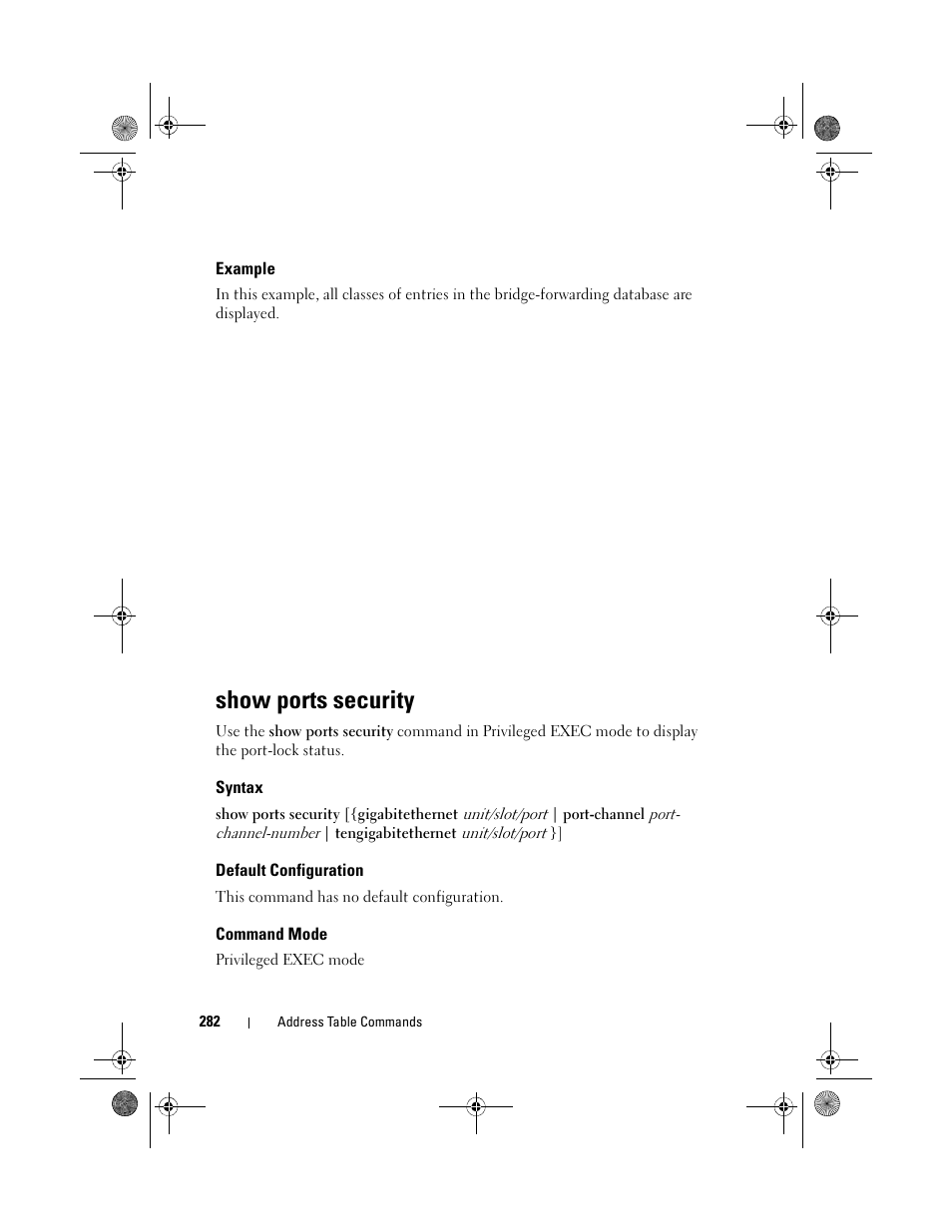 Example, Show ports security, Syntax | Default configuration, Command mode | Dell POWEREDGE M1000E User Manual | Page 282 / 1682