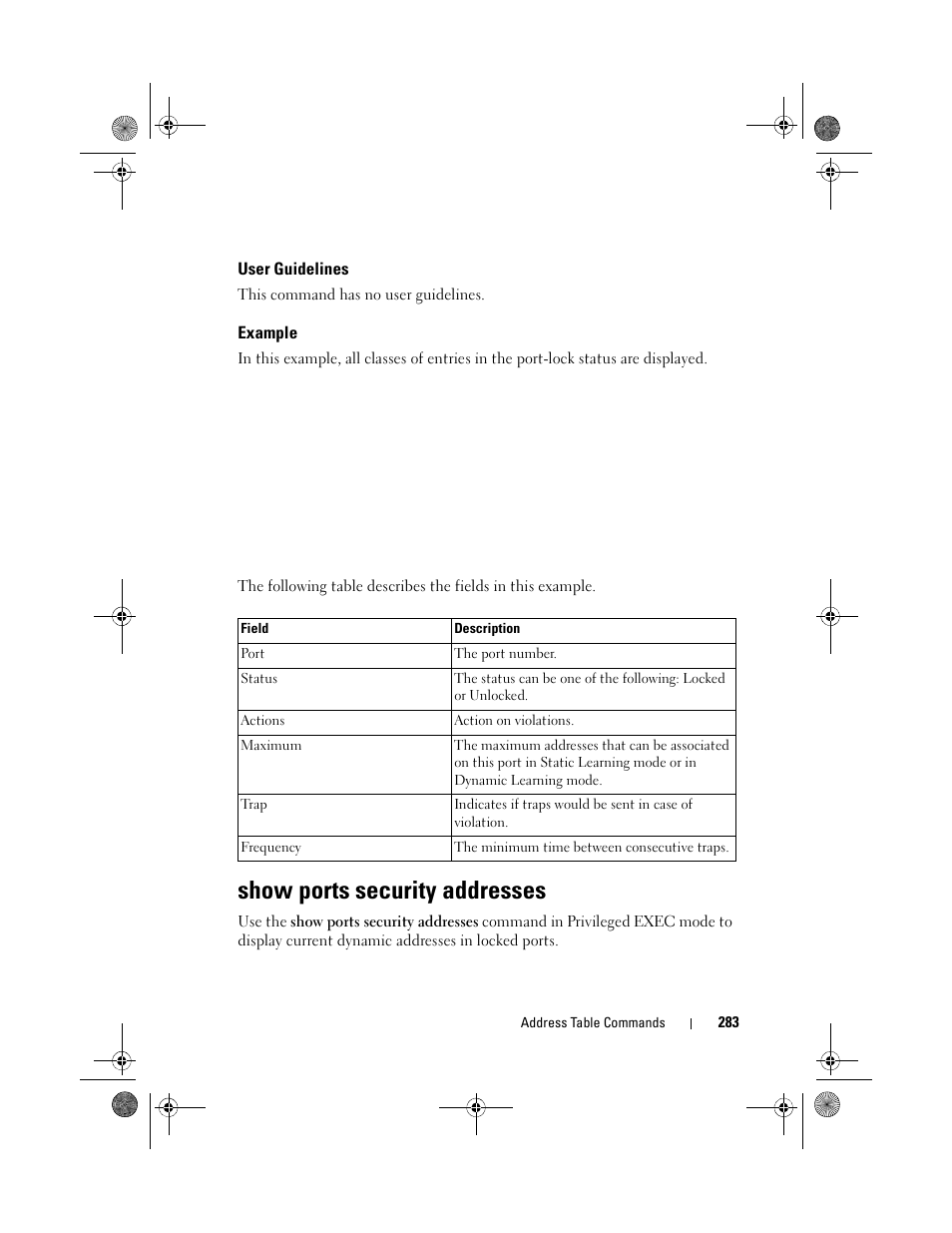 User guidelines, Example, Show ports security addresses | Show ports security, Addresses | Dell POWEREDGE M1000E User Manual | Page 283 / 1682