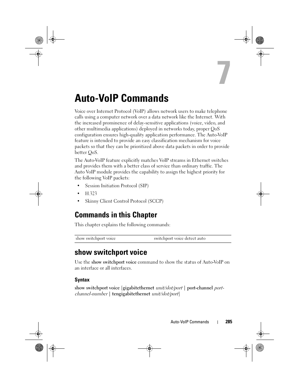 Auto-voip commands, Commands in this chapter, Show switchport voice | Syntax, Auto-voip, Commands | Dell POWEREDGE M1000E User Manual | Page 285 / 1682