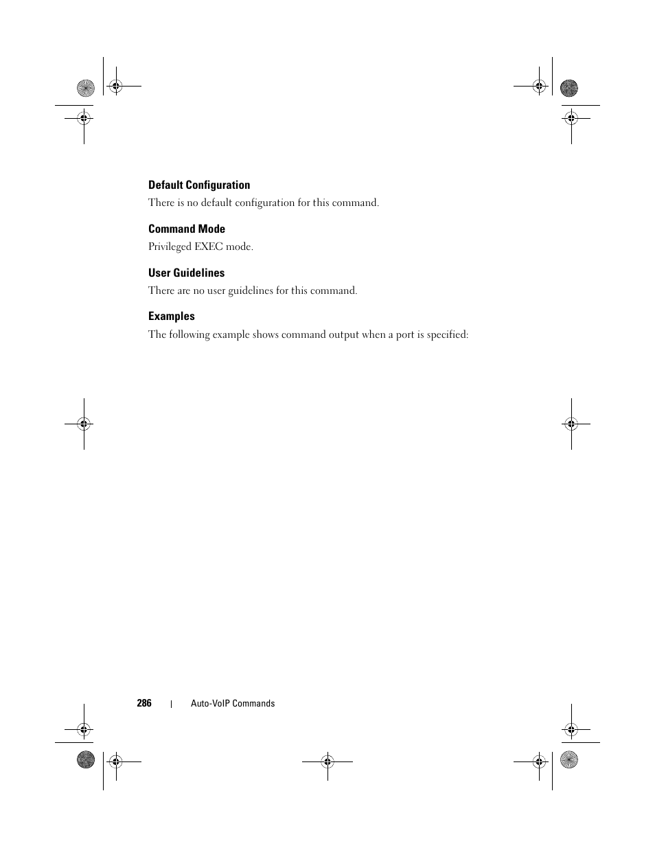 Default configuration, Command mode, User guidelines | Examples | Dell POWEREDGE M1000E User Manual | Page 286 / 1682