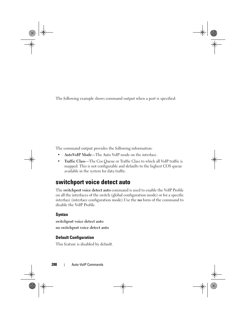 Switchport voice detect auto, Syntax, Default configuration | Dell POWEREDGE M1000E User Manual | Page 288 / 1682