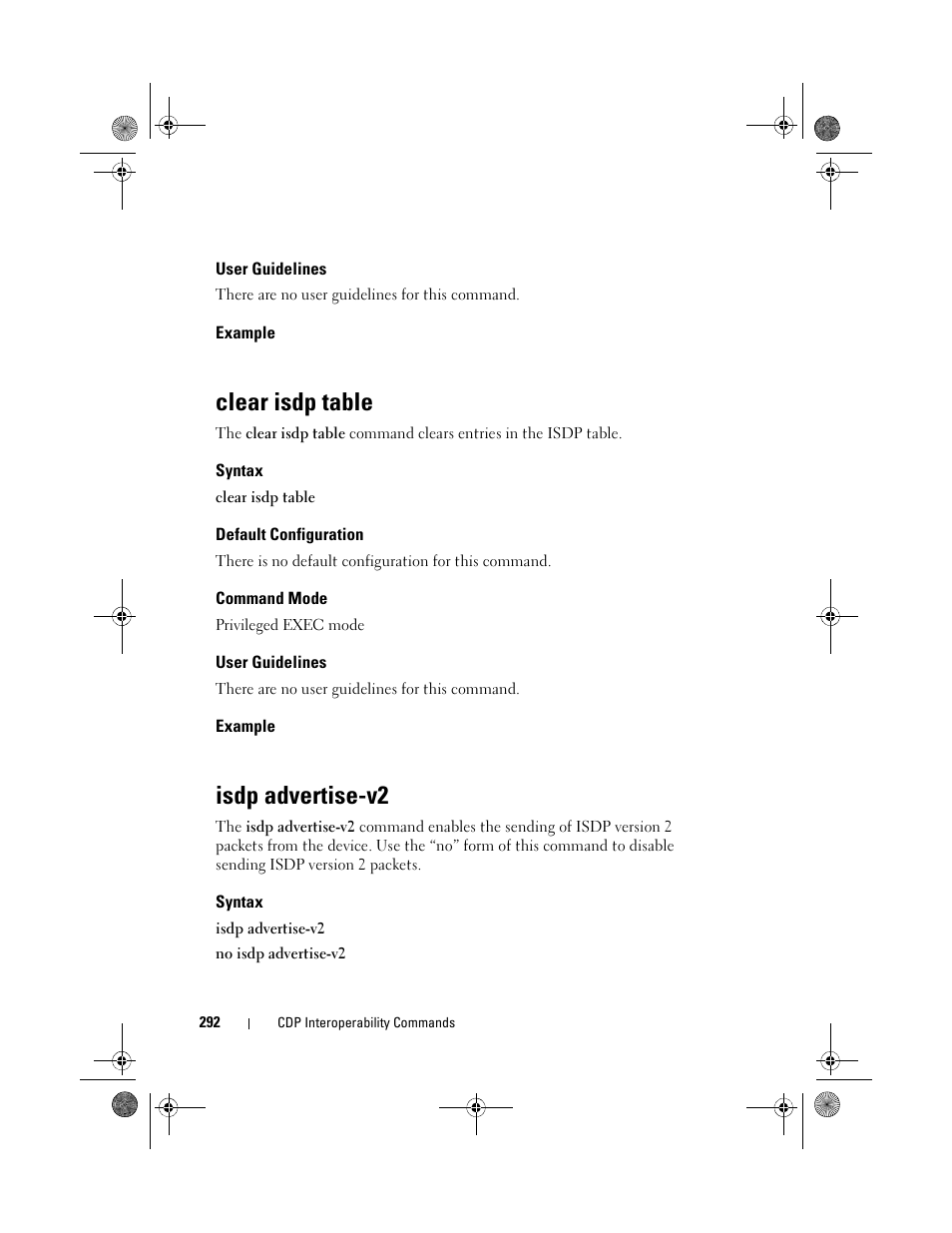 User guidelines, Example, Clear isdp table | Syntax, Default configuration, Command mode, Isdp advertise-v2 | Dell POWEREDGE M1000E User Manual | Page 292 / 1682