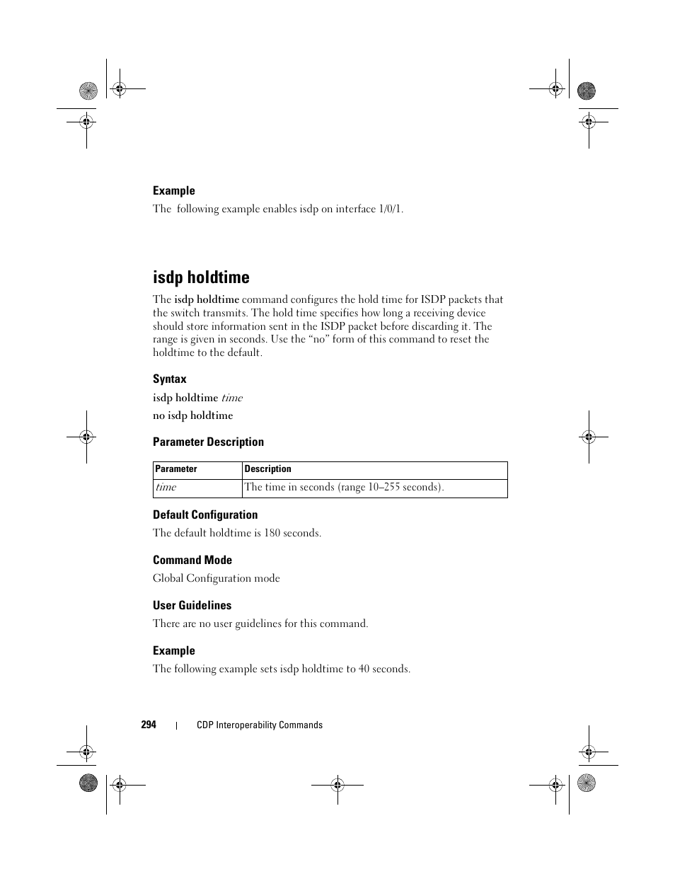 Example, Isdp holdtime, Syntax | Parameter description, Default configuration, Command mode, User guidelines | Dell POWEREDGE M1000E User Manual | Page 294 / 1682