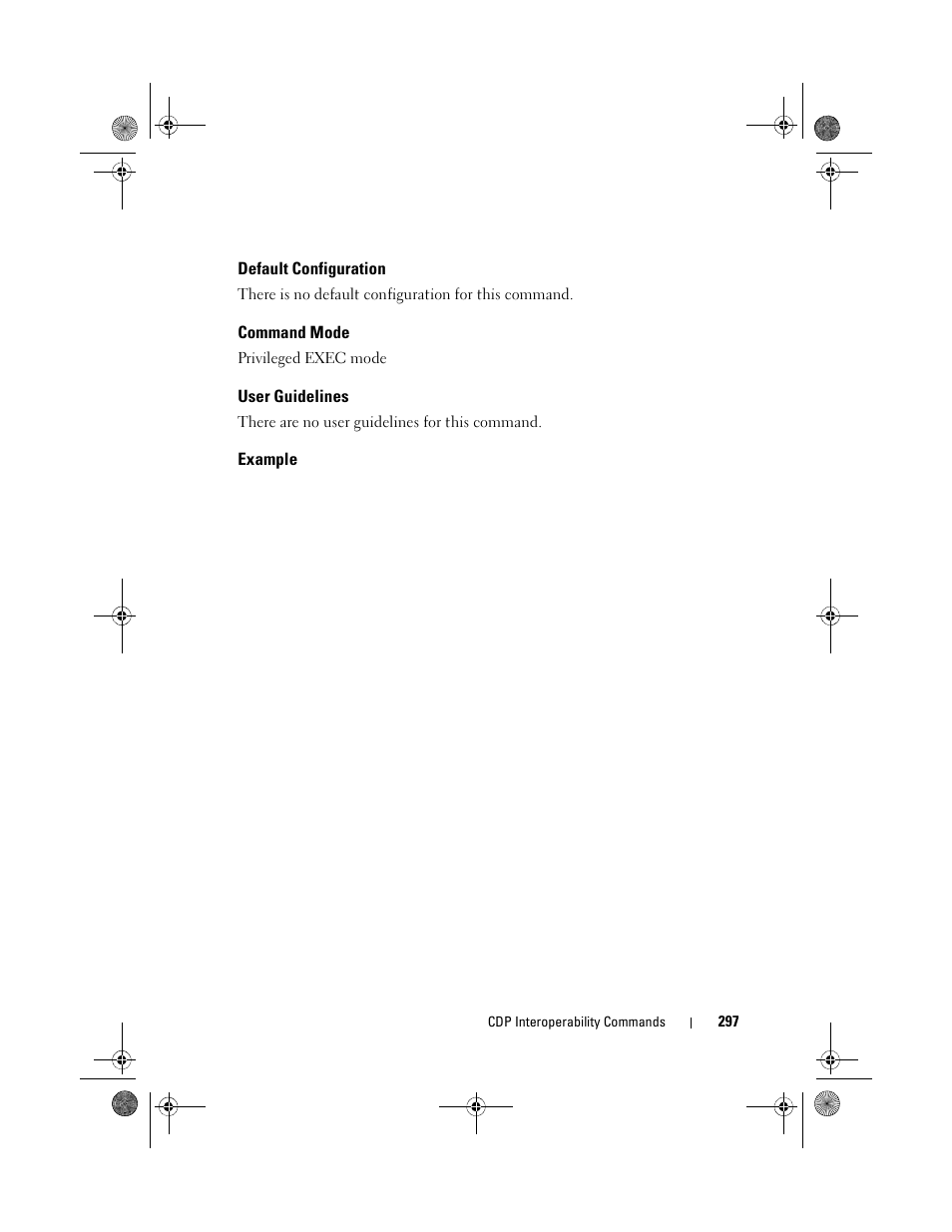 Default configuration, Command mode, User guidelines | Example | Dell POWEREDGE M1000E User Manual | Page 297 / 1682