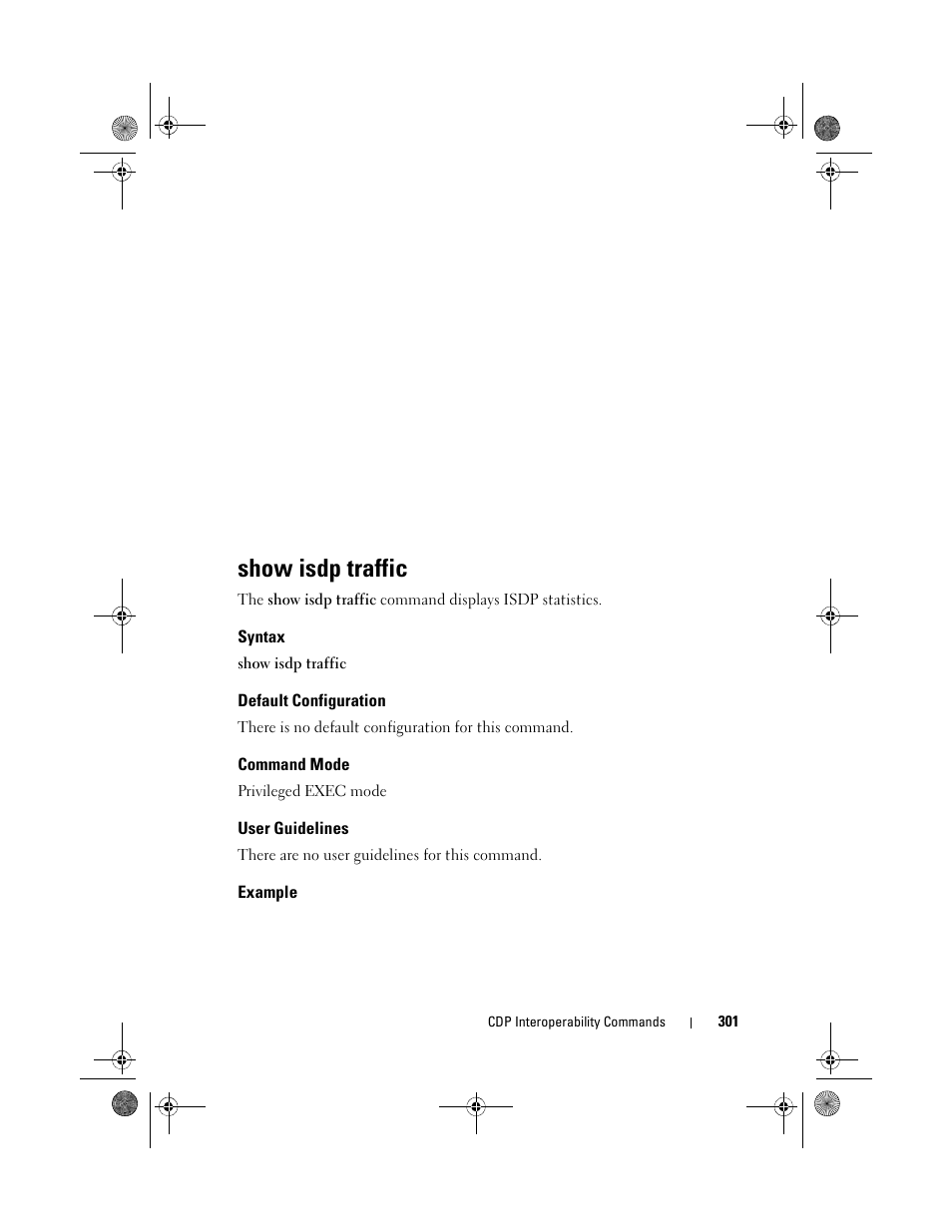 Show isdp traffic, Syntax, Default configuration | Command mode, User guidelines, Example | Dell POWEREDGE M1000E User Manual | Page 301 / 1682