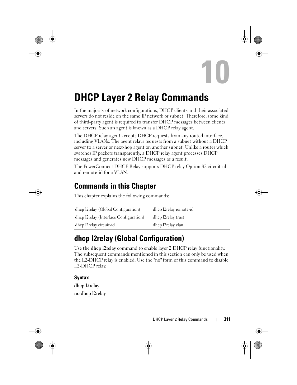 Dhcp layer 2 relay commands, Commands in this chapter, Dhcp l2relay (global configuration) | Syntax, Dhcp layer 2, Relay commands | Dell POWEREDGE M1000E User Manual | Page 311 / 1682