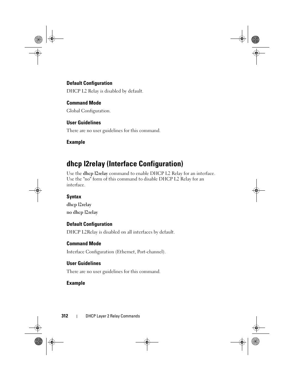 Default configuration, Command mode, User guidelines | Example, Dhcp l2relay (interface configuration), Syntax | Dell POWEREDGE M1000E User Manual | Page 312 / 1682