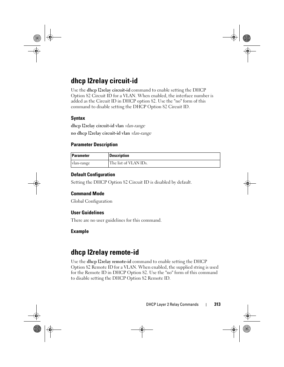 Dhcp l2relay circuit-id, Syntax, Parameter description | Default configuration, Command mode, User guidelines, Example, Dhcp l2relay remote-id | Dell POWEREDGE M1000E User Manual | Page 313 / 1682