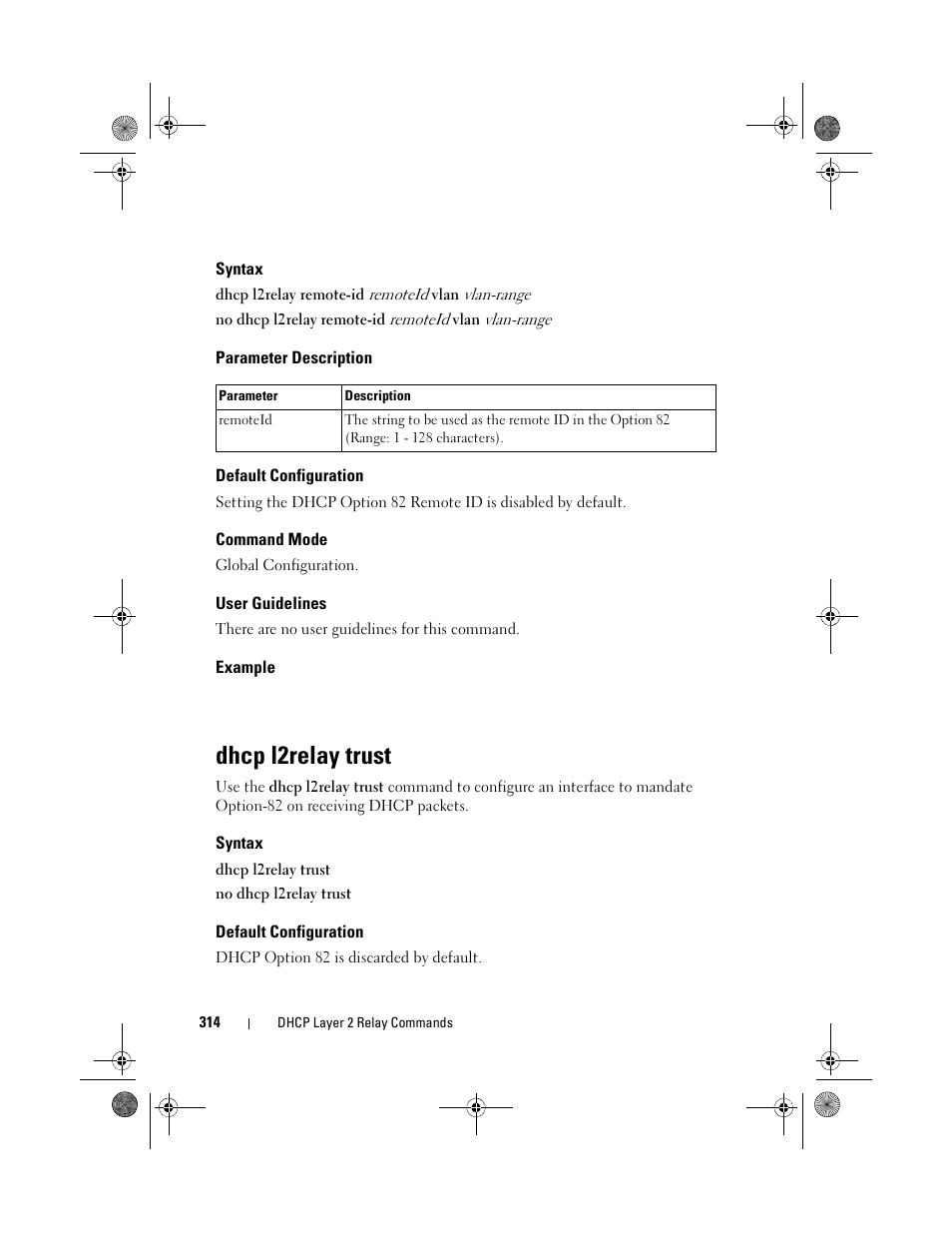 Syntax, Parameter description, Default configuration | Command mode, User guidelines, Example, Dhcp l2relay trust | Dell POWEREDGE M1000E User Manual | Page 314 / 1682