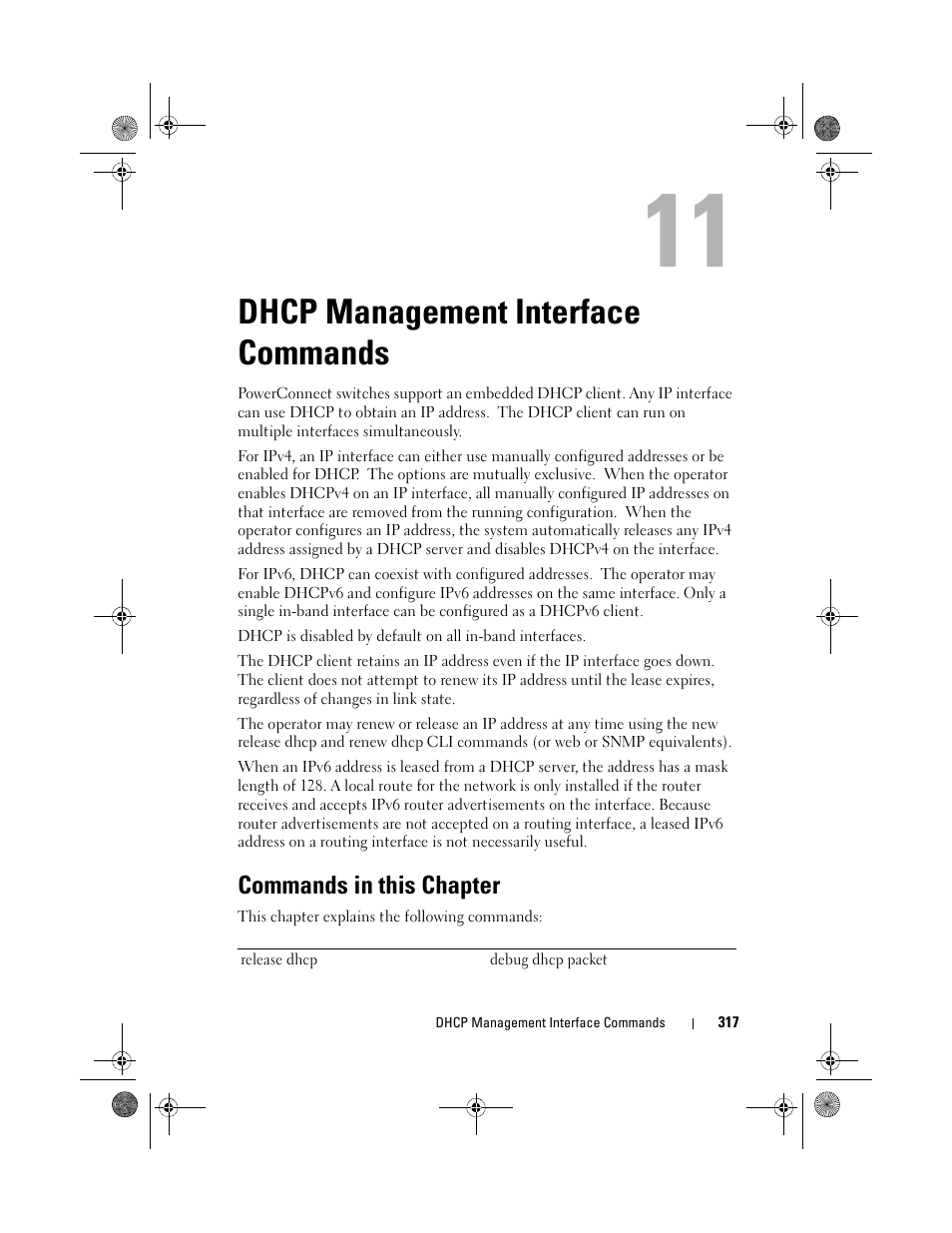 Dhcp management interface commands, Commands in this chapter, Dhcp management interface | Commands, Dhcp, Management, Interface | Dell POWEREDGE M1000E User Manual | Page 317 / 1682