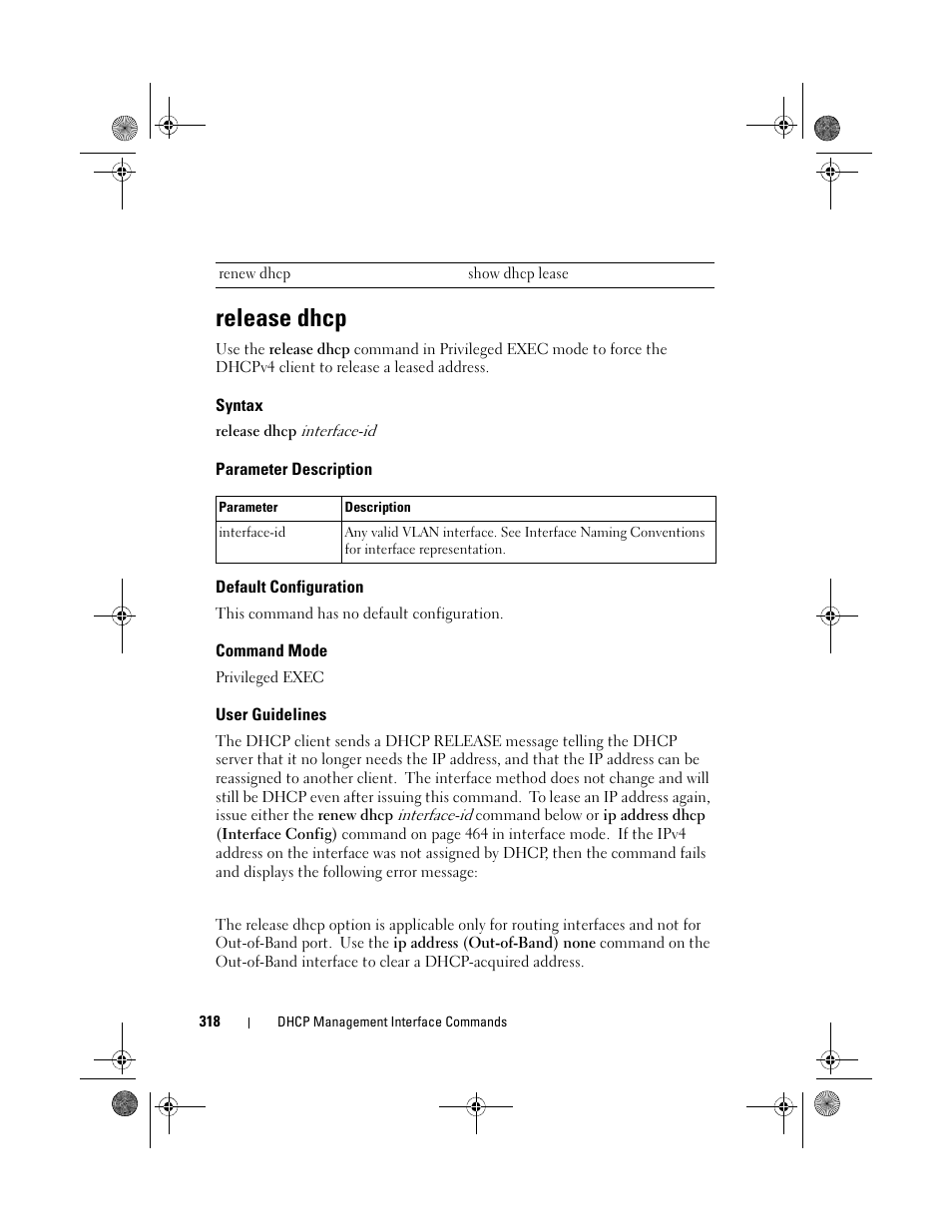 Release dhcp, Syntax, Parameter description | Default configuration, Command mode, User guidelines, Release dhcp and r | Dell POWEREDGE M1000E User Manual | Page 318 / 1682