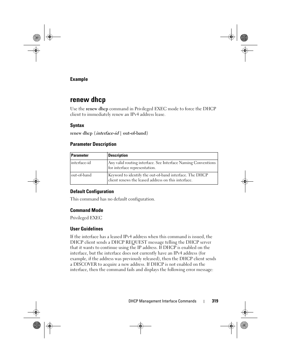 Example, Renew dhcp, Syntax | Parameter description, Default configuration, Command mode, User guidelines, Enew dhcp | Dell POWEREDGE M1000E User Manual | Page 319 / 1682