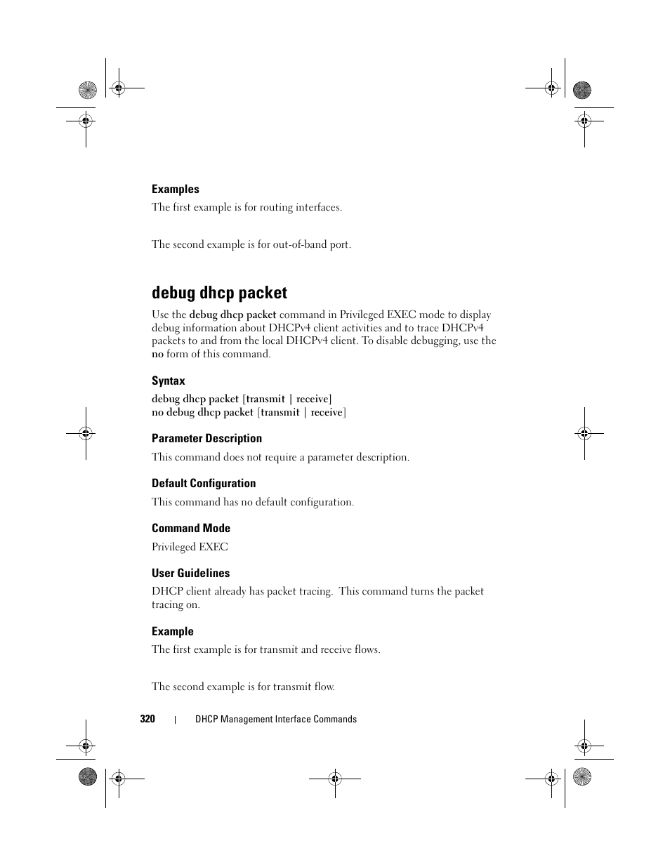 Examples, Debug dhcp packet, Syntax | Parameter description, Default configuration, Command mode, User guidelines, Example | Dell POWEREDGE M1000E User Manual | Page 320 / 1682