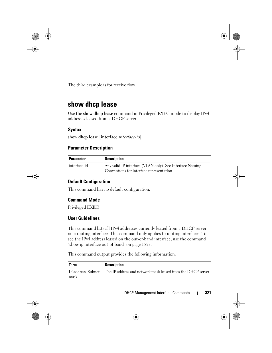 Show dhcp lease, Syntax, Parameter description | Default configuration, Command mode, User guidelines | Dell POWEREDGE M1000E User Manual | Page 321 / 1682