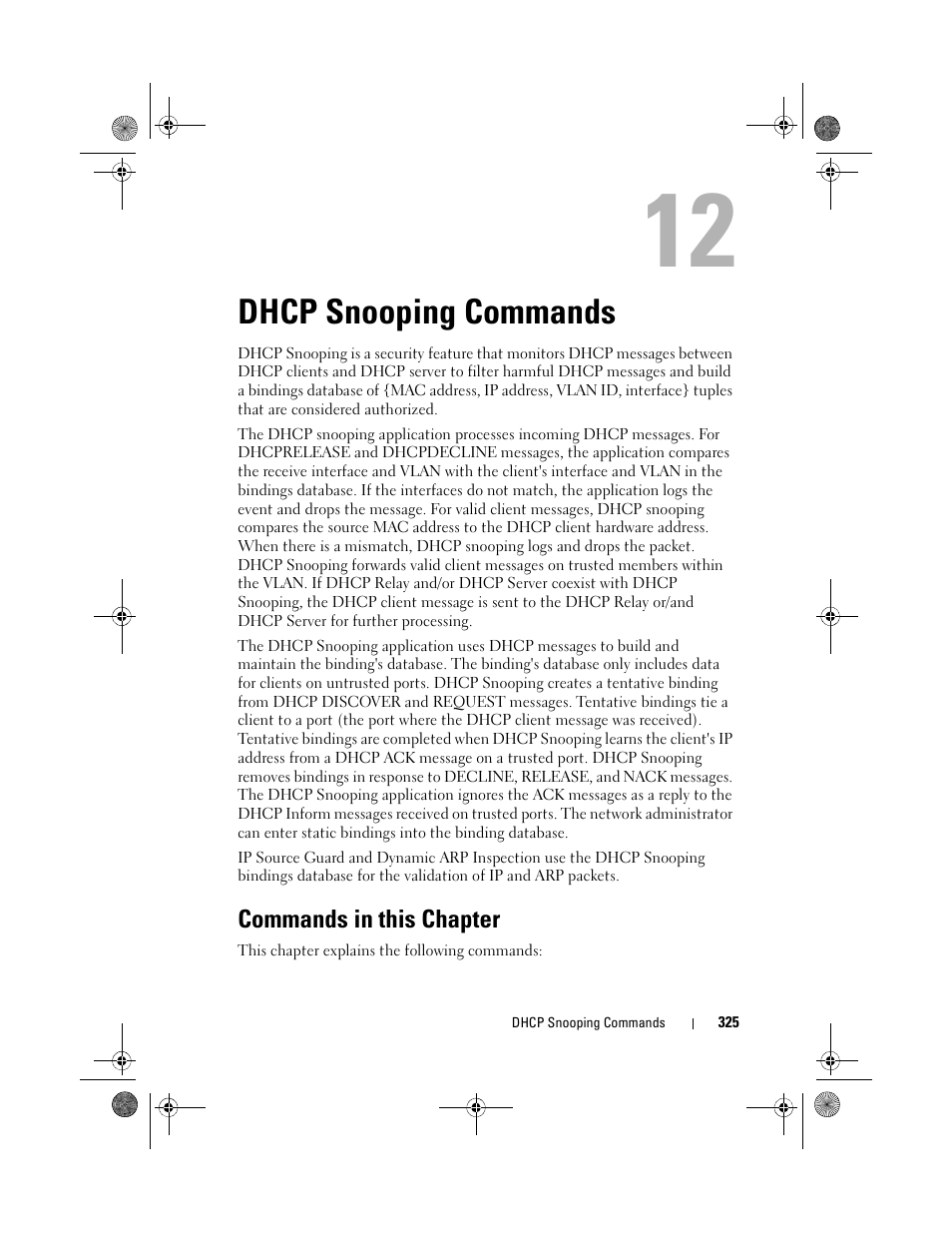 Dhcp snooping commands, Commands in this chapter, Dhcp snooping | Commands | Dell POWEREDGE M1000E User Manual | Page 325 / 1682