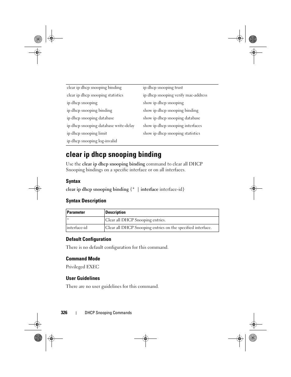 Clear ip dhcp snooping binding, Syntax, Syntax description | Default configuration, Command mode, User guidelines | Dell POWEREDGE M1000E User Manual | Page 326 / 1682