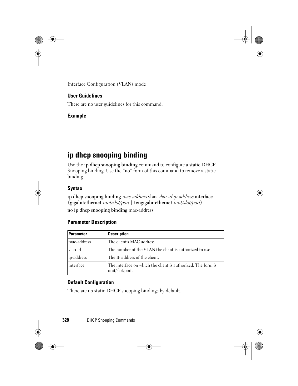 User guidelines, Example, Ip dhcp snooping binding | Syntax, Parameter description, Default configuration | Dell POWEREDGE M1000E User Manual | Page 328 / 1682