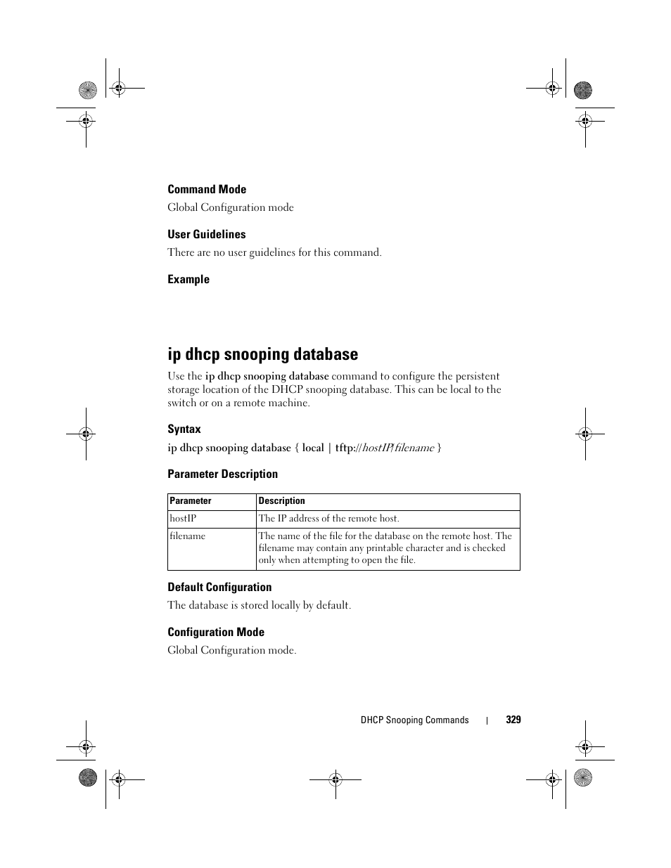 Command mode, User guidelines, Example | Ip dhcp snooping database, Syntax, Parameter description, Default configuration, Configuration mode | Dell POWEREDGE M1000E User Manual | Page 329 / 1682