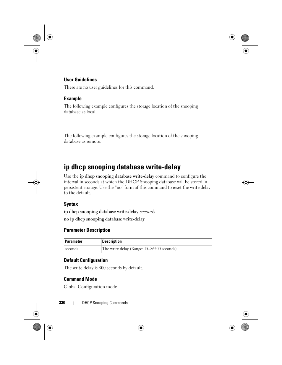 User guidelines, Example, Ip dhcp snooping database write-delay | Syntax, Parameter description, Default configuration, Command mode | Dell POWEREDGE M1000E User Manual | Page 330 / 1682