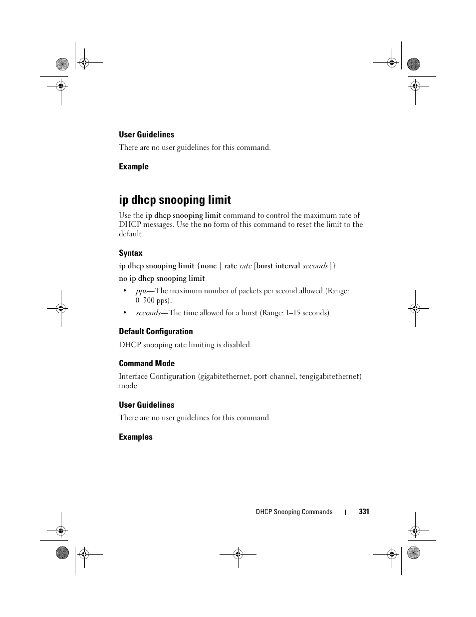 User guidelines, Example, Ip dhcp snooping limit | Syntax, Default configuration, Command mode, Examples | Dell POWEREDGE M1000E User Manual | Page 331 / 1682