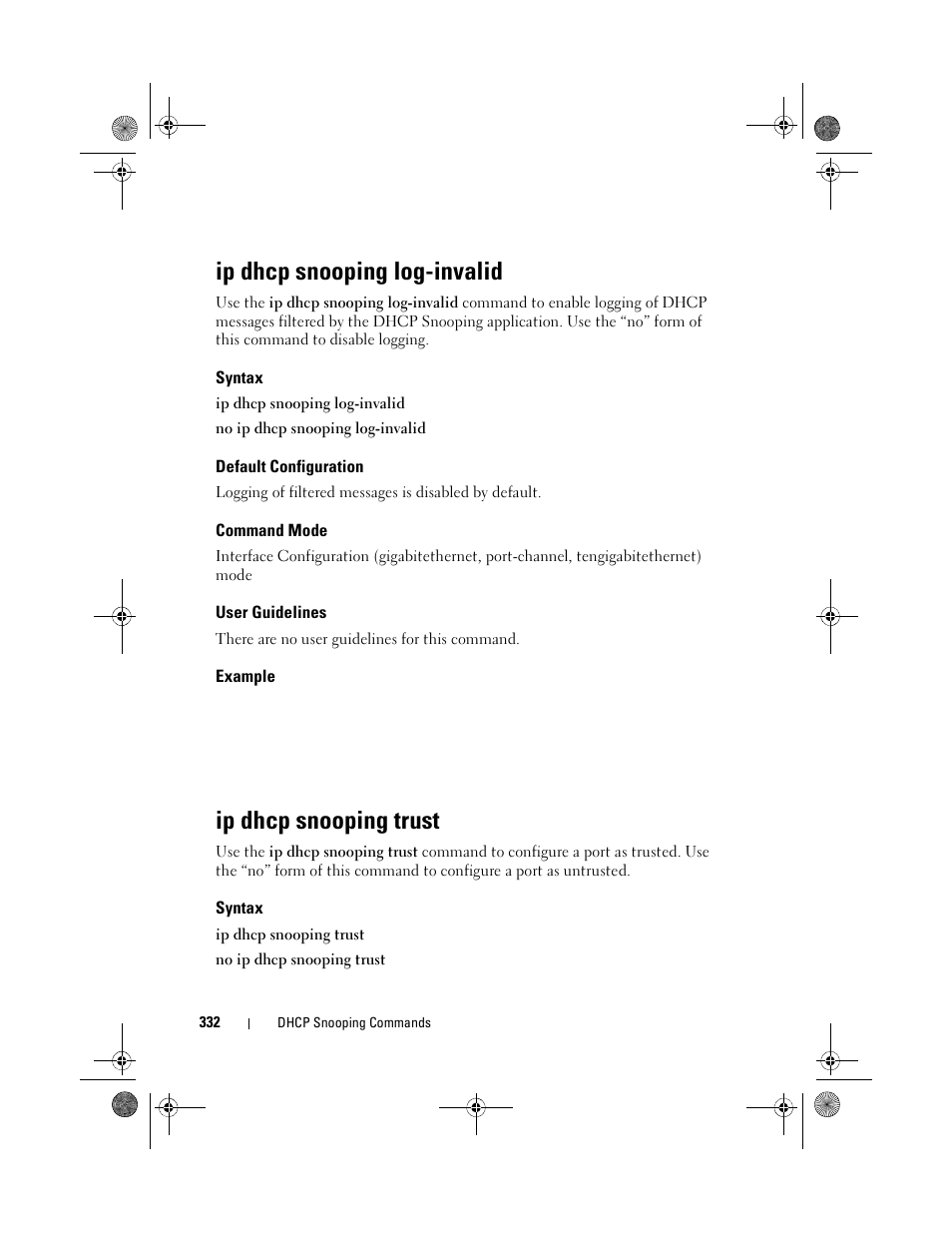 Ip dhcp snooping log-invalid, Syntax, Default configuration | Command mode, User guidelines, Example, Ip dhcp snooping trust | Dell POWEREDGE M1000E User Manual | Page 332 / 1682