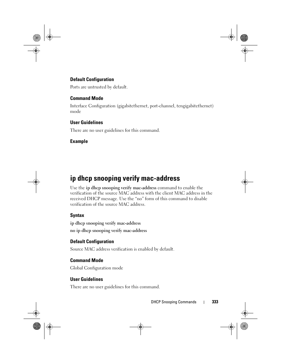 Default configuration, Command mode, User guidelines | Example, Ip dhcp snooping verify mac-address, Syntax | Dell POWEREDGE M1000E User Manual | Page 333 / 1682