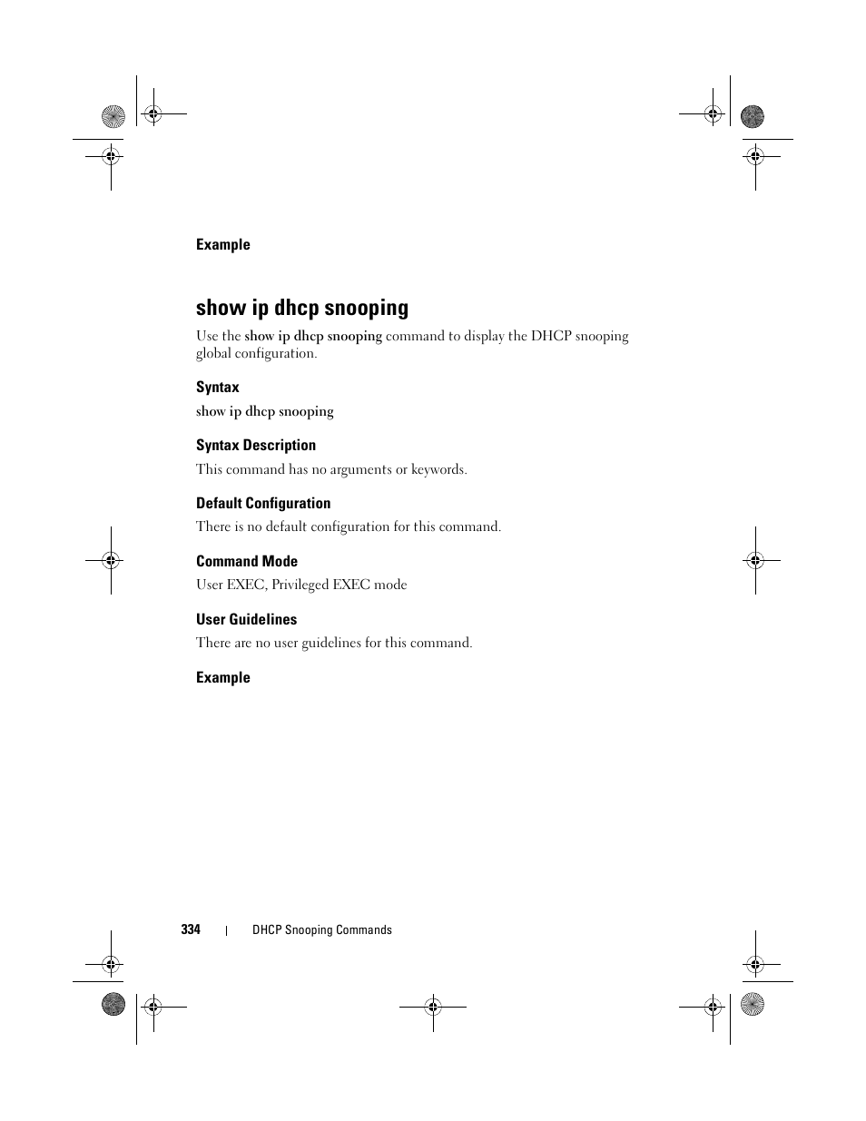 Example, Show ip dhcp snooping, Syntax | Syntax description, Default configuration, Command mode, User guidelines | Dell POWEREDGE M1000E User Manual | Page 334 / 1682