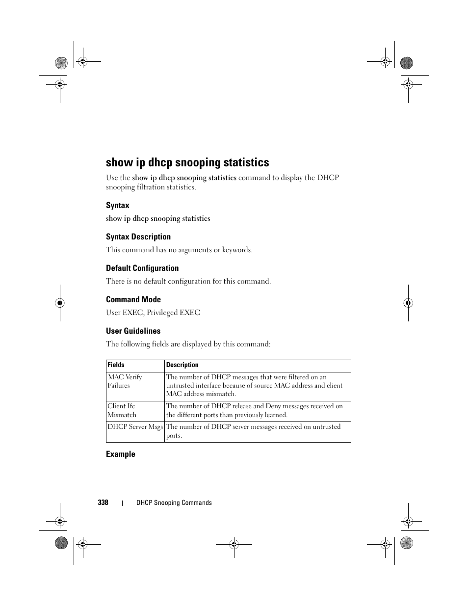 Show ip dhcp snooping statistics, Syntax, Syntax description | Default configuration, Command mode, User guidelines, Example | Dell POWEREDGE M1000E User Manual | Page 338 / 1682