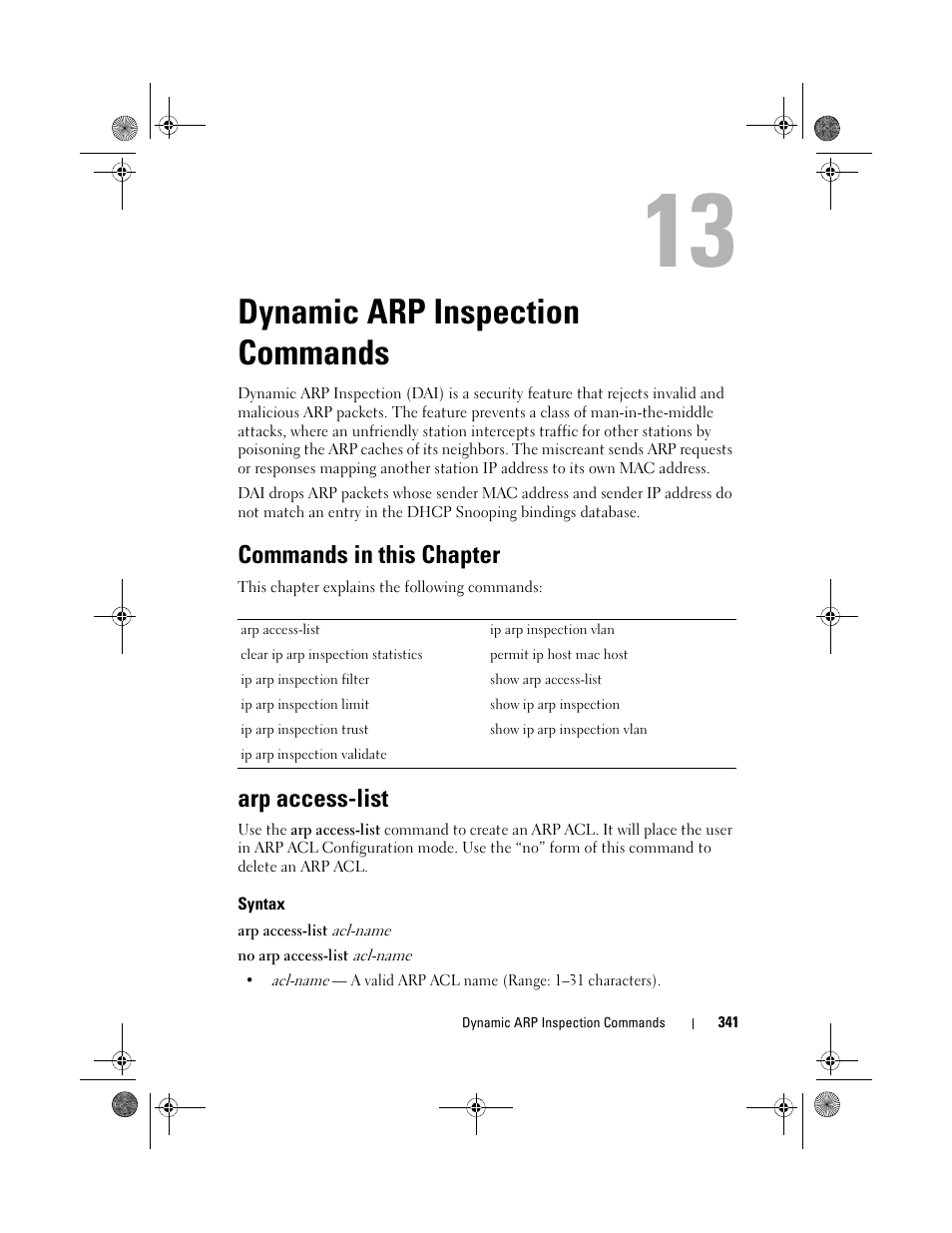 Dynamic arp inspection commands, Commands in this chapter, Arp access-list | Syntax, Dynamic arp, Inspection, Commands | Dell POWEREDGE M1000E User Manual | Page 341 / 1682