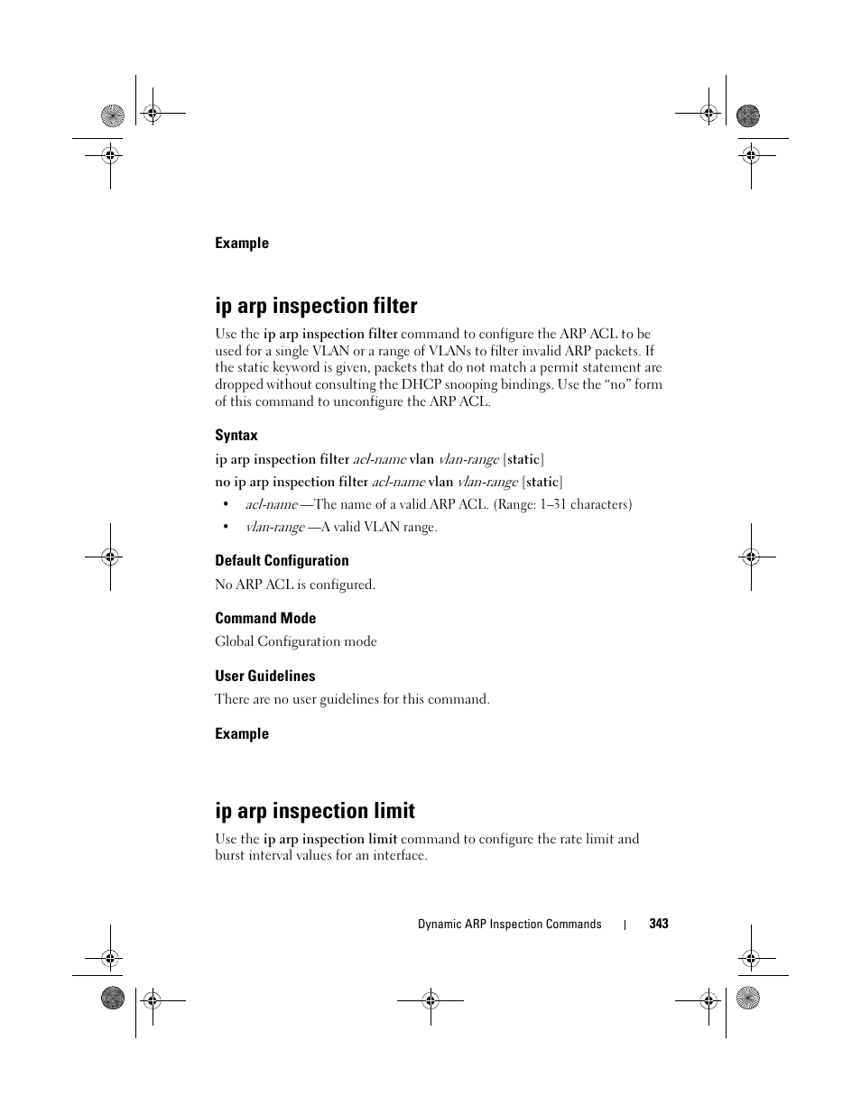 Example, Ip arp inspection filter, Syntax | Default configuration, Command mode, User guidelines, Ip arp inspection limit | Dell POWEREDGE M1000E User Manual | Page 343 / 1682