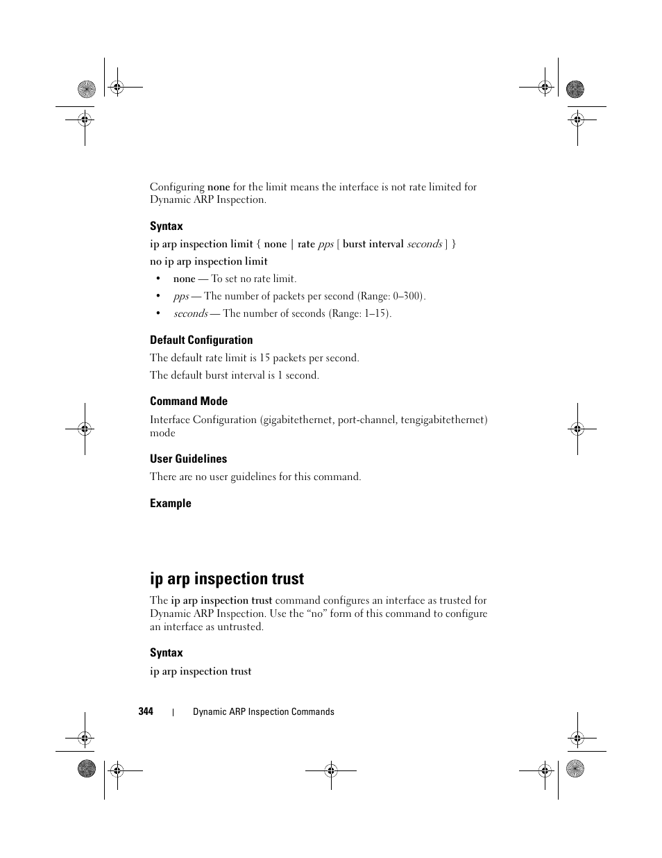 Syntax, Default configuration, Command mode | User guidelines, Example, Ip arp inspection trust | Dell POWEREDGE M1000E User Manual | Page 344 / 1682