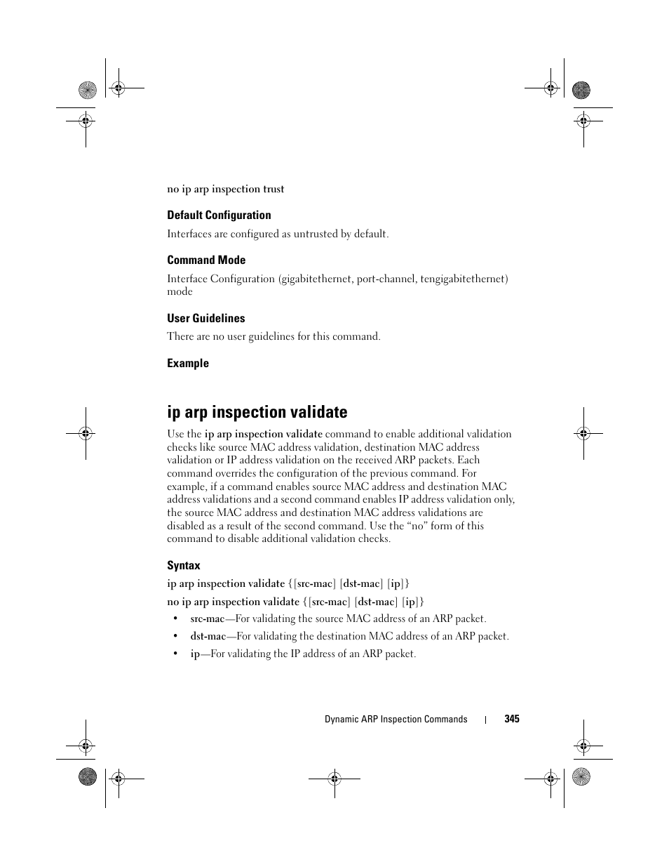 Default configuration, Command mode, User guidelines | Example, Ip arp inspection validate, Syntax | Dell POWEREDGE M1000E User Manual | Page 345 / 1682