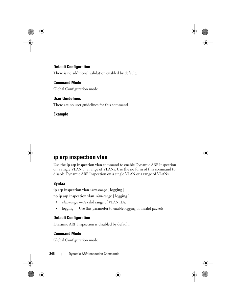 Default configuration, Command mode, User guidelines | Example, Ip arp inspection vlan, Syntax | Dell POWEREDGE M1000E User Manual | Page 346 / 1682