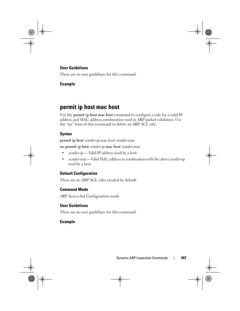 User guidelines, Example, Permit ip host mac host | Syntax, Default configuration, Command mode | Dell POWEREDGE M1000E User Manual | Page 347 / 1682