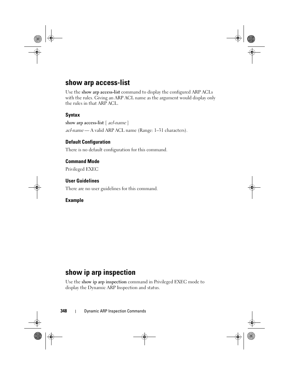 Show arp access-list, Syntax, Default configuration | Command mode, User guidelines, Example, Show ip arp inspection | Dell POWEREDGE M1000E User Manual | Page 348 / 1682