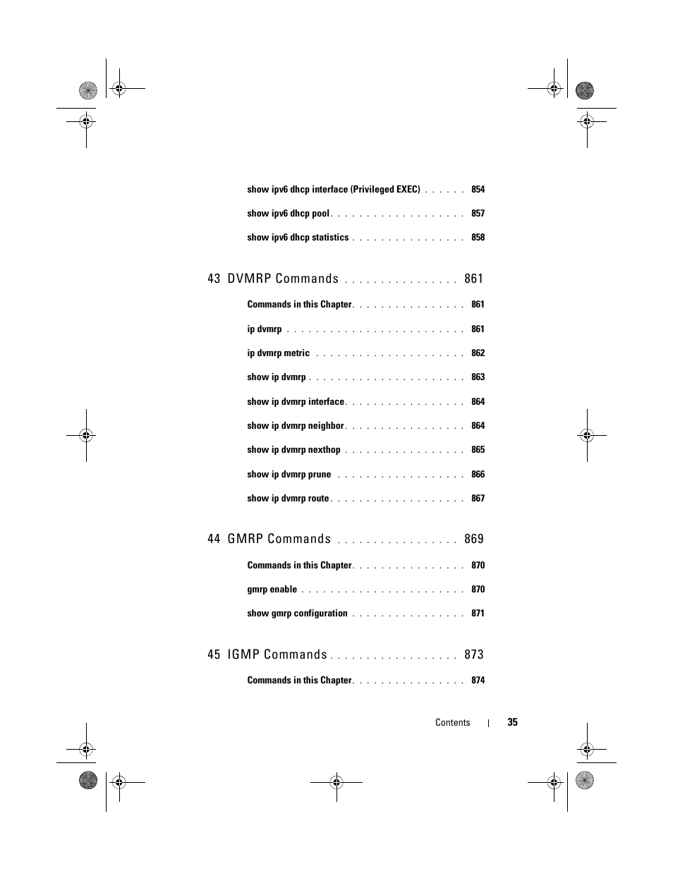 43 dvmrp commands, 44 gmrp commands, 45 igmp commands | Dell POWEREDGE M1000E User Manual | Page 35 / 1682