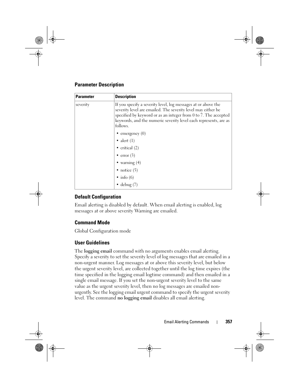 Parameter description, Default configuration, Command mode | User guidelines | Dell POWEREDGE M1000E User Manual | Page 357 / 1682