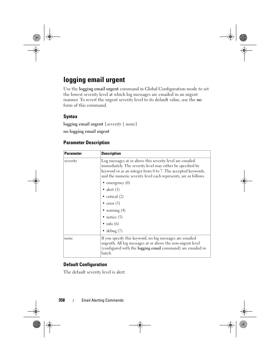 Logging email urgent, Syntax, Parameter description | Default configuration | Dell POWEREDGE M1000E User Manual | Page 358 / 1682