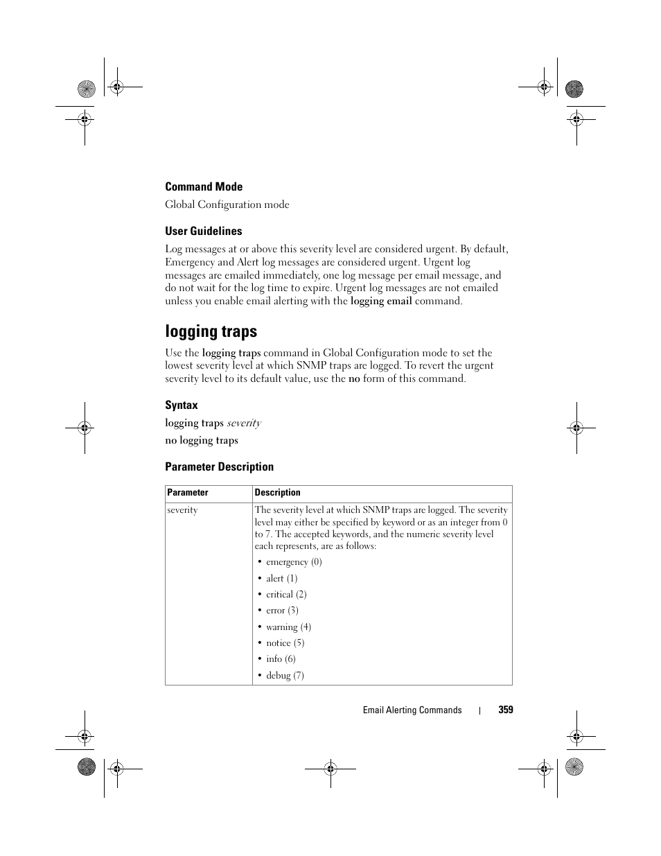 Command mode, User guidelines, Logging traps | Syntax, Parameter description | Dell POWEREDGE M1000E User Manual | Page 359 / 1682