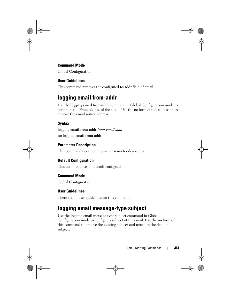 Command mode, User guidelines, Logging email from-addr | Syntax, Parameter description, Default configuration, Logging email message-type subject | Dell POWEREDGE M1000E User Manual | Page 361 / 1682