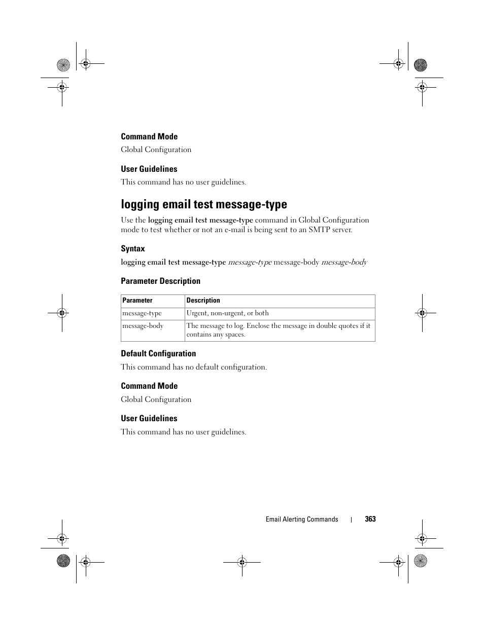 Command mode, User guidelines, Logging email test message-type | Syntax, Parameter description, Default configuration | Dell POWEREDGE M1000E User Manual | Page 363 / 1682