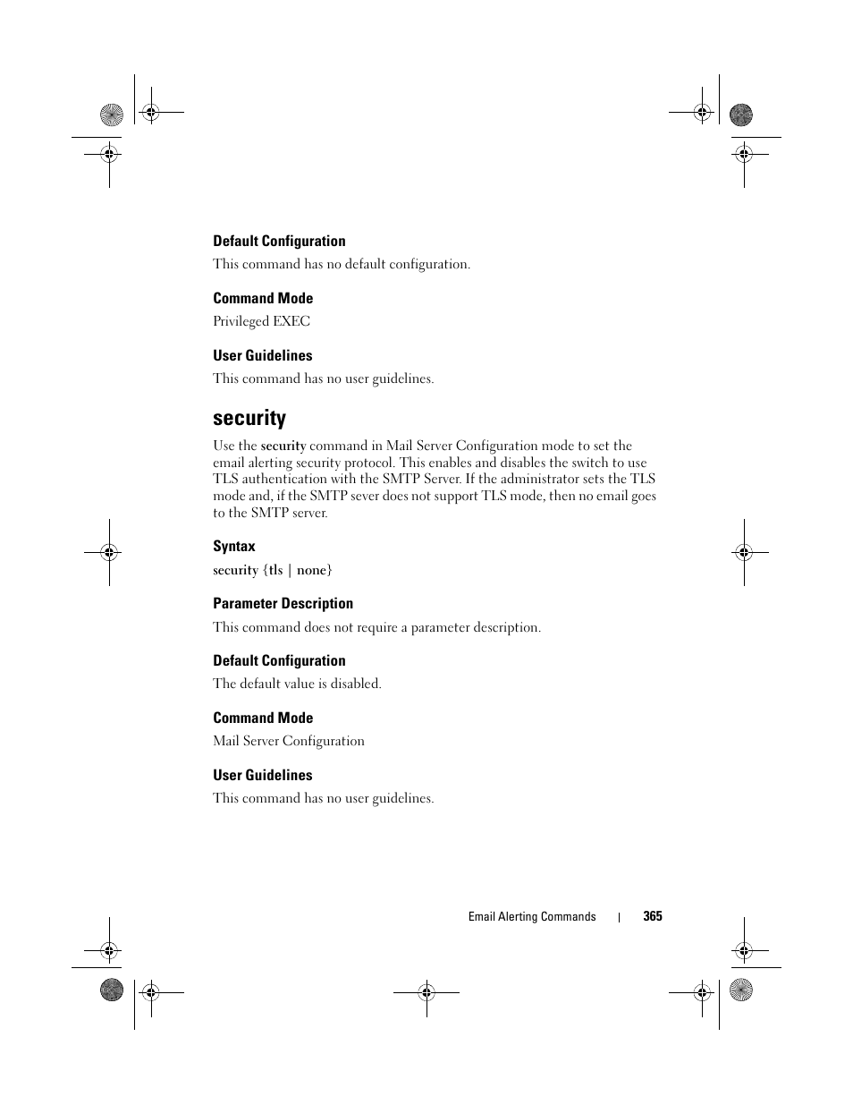 Default configuration, Command mode, User guidelines | Security, Syntax, Parameter description | Dell POWEREDGE M1000E User Manual | Page 365 / 1682