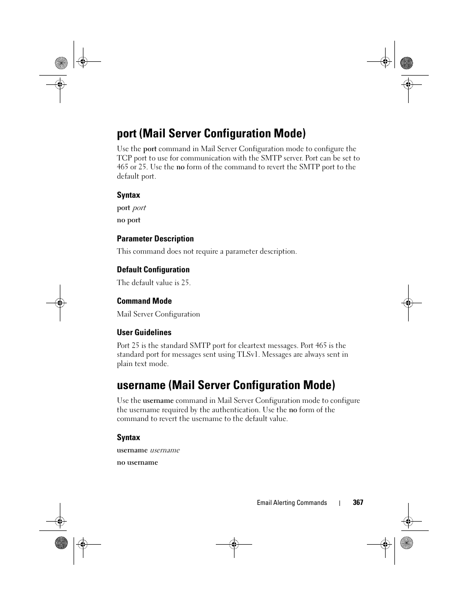 Port (mail server configuration mode), Syntax, Parameter description | Default configuration, Command mode, User guidelines, Username (mail server configuration mode), Username (mail server configuration, Mode) | Dell POWEREDGE M1000E User Manual | Page 367 / 1682