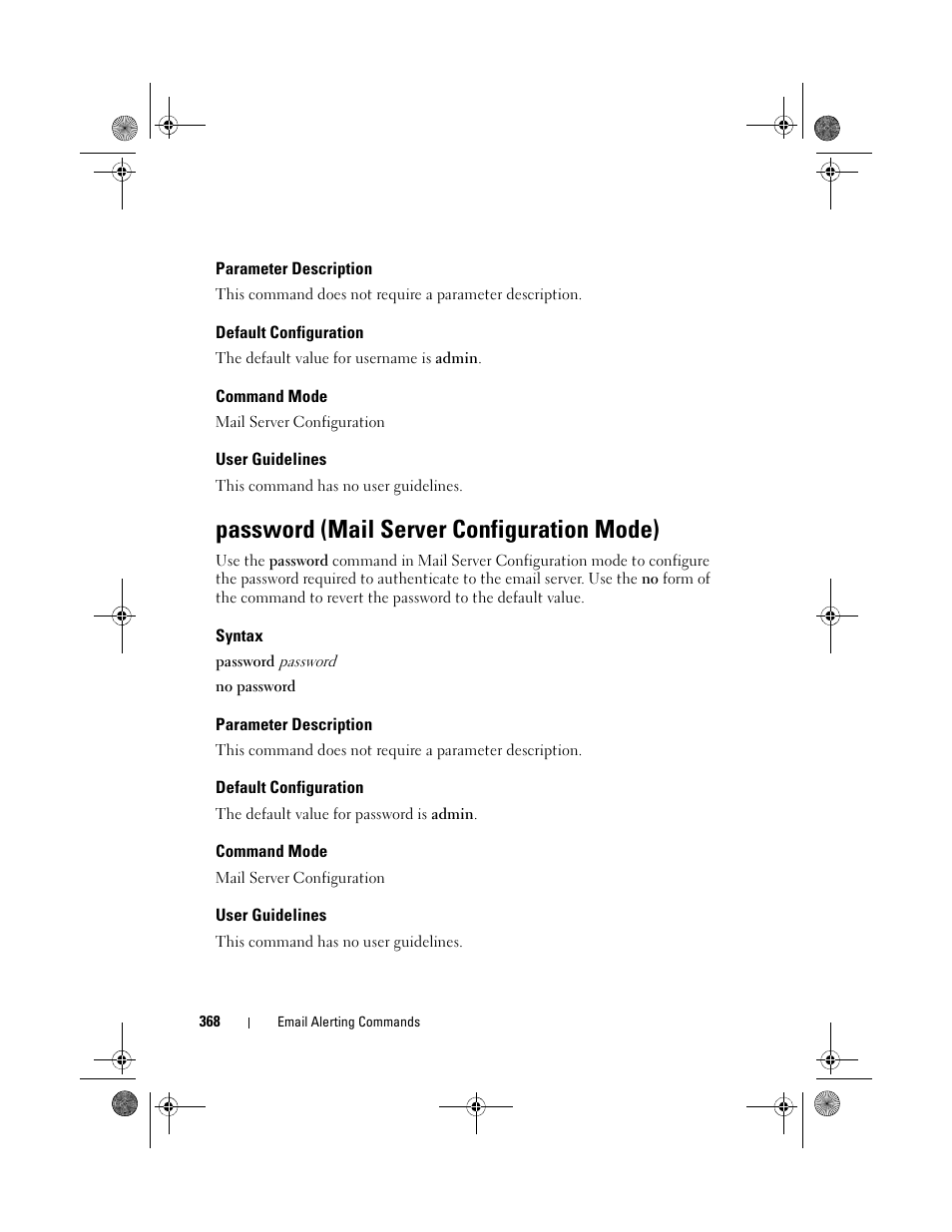 Parameter description, Default configuration, Command mode | User guidelines, Password (mail server configuration mode), Syntax, Password (mail server configuration, Mode) | Dell POWEREDGE M1000E User Manual | Page 368 / 1682