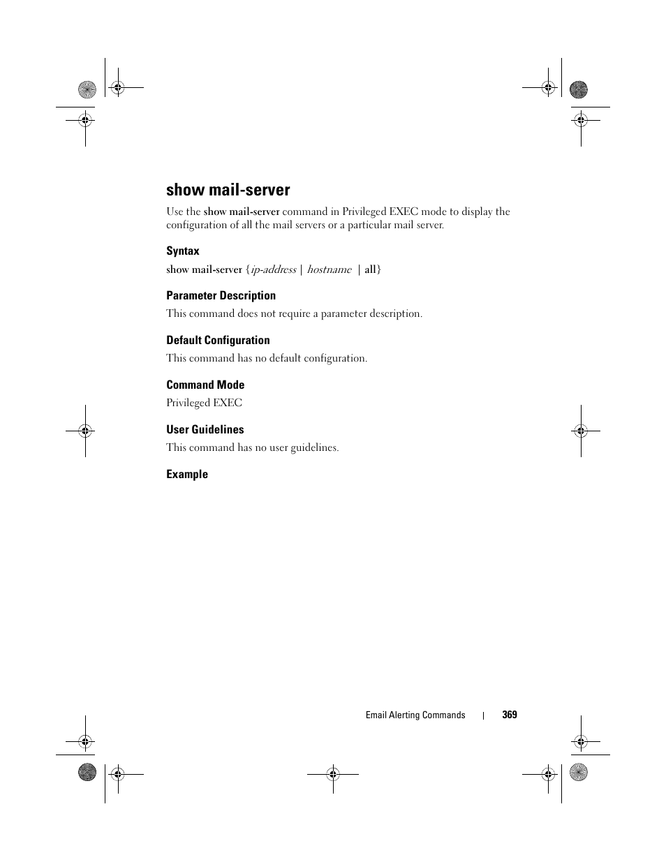 Show mail-server, Syntax, Parameter description | Default configuration, Command mode, User guidelines, Example | Dell POWEREDGE M1000E User Manual | Page 369 / 1682