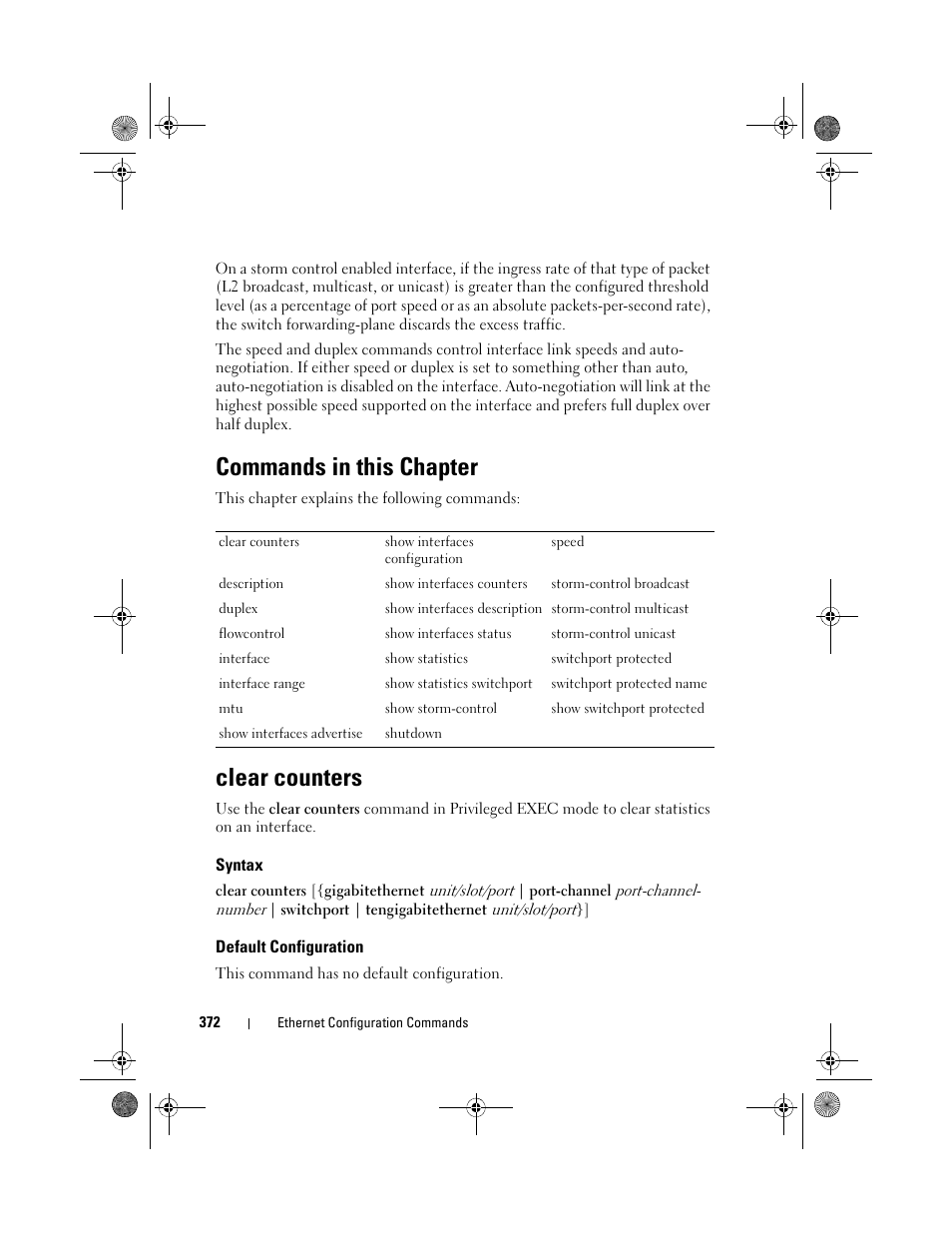 Commands in this chapter, Clear counters, Syntax | Default configuration | Dell POWEREDGE M1000E User Manual | Page 372 / 1682